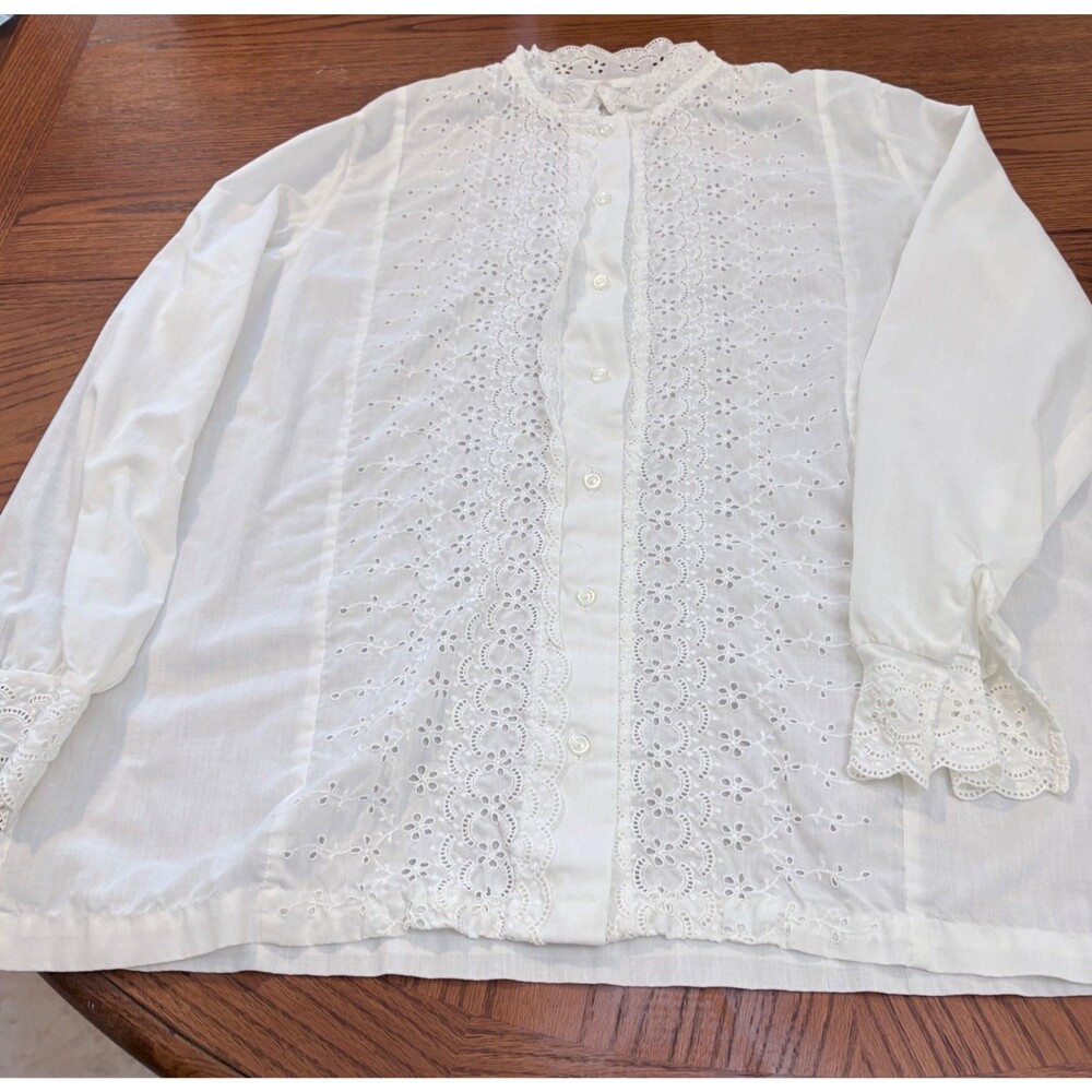 Vintage High Neck White Eyelet Blouse - Size 16 - Long-Line Tall Friendly 29" L - Picture 5 of 7